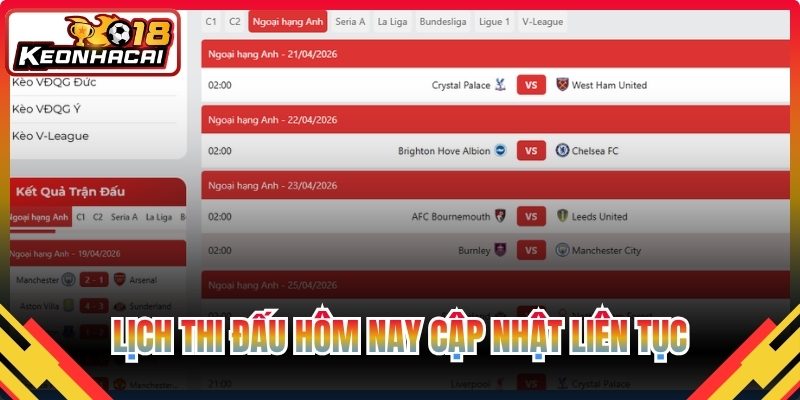 Lịch thi đấu hôm nay cập nhật liên tục